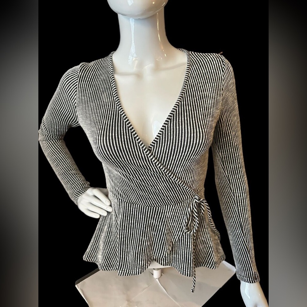 Anthropologie Caution to the Wind Women's Black Striped V Neck Wrap Blouse